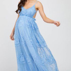 Pink Blush Blue Crochet Lace Open Back Maternity Maxi Dress
